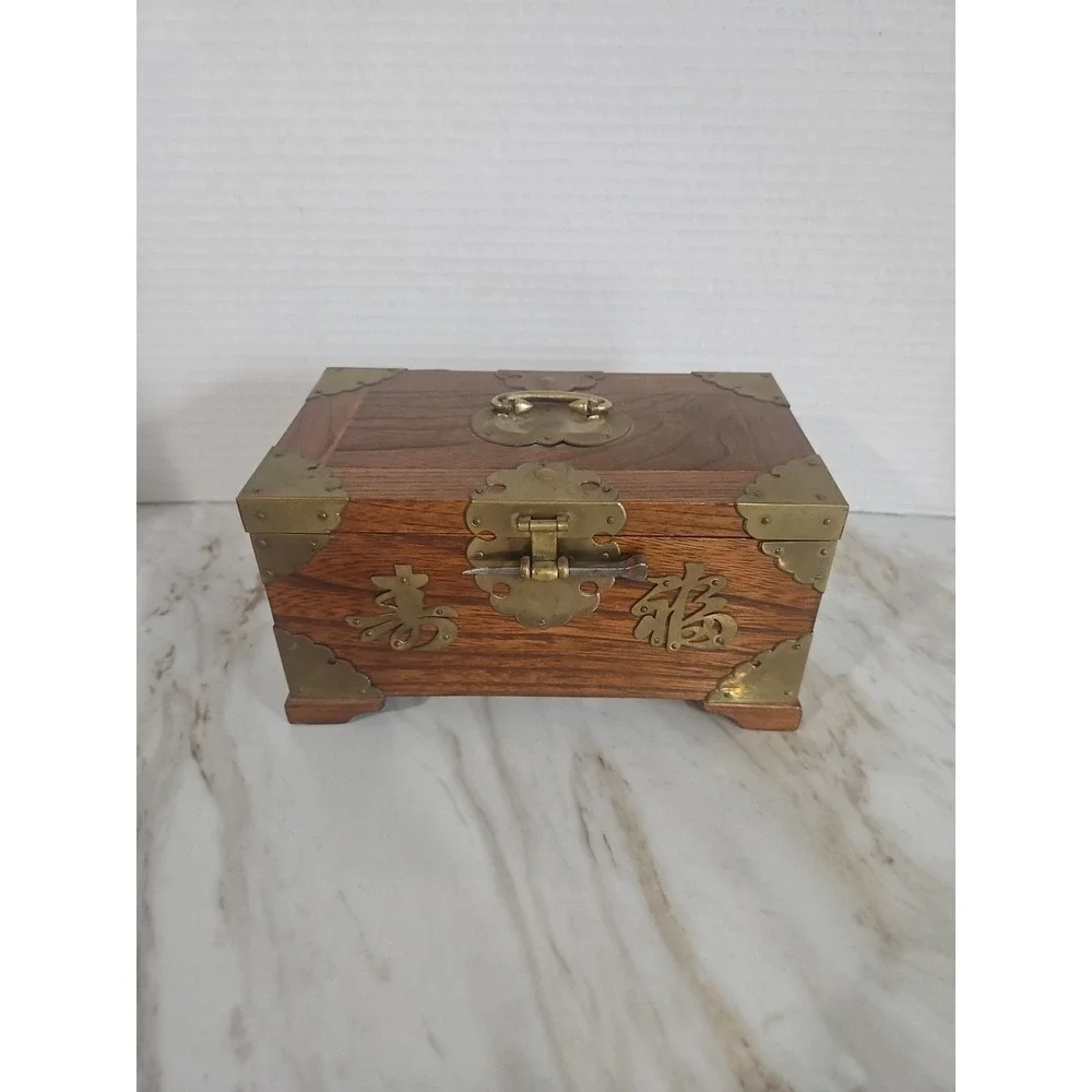 Antique Chinese Wood Jewelry Box Ornate Brass Accents Lined Pull Out Shelf